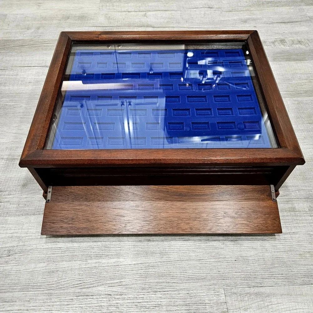 Jewelry Display Case Large Brown Wood Glass Removable 3 Tray Blue Velvet Storage